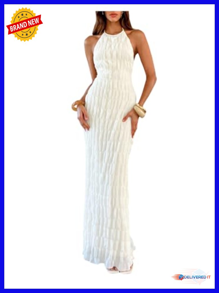 Backless Halter Maxi Dress Ruched Sleeveless Tiered Ruffle Wedding Guest Long